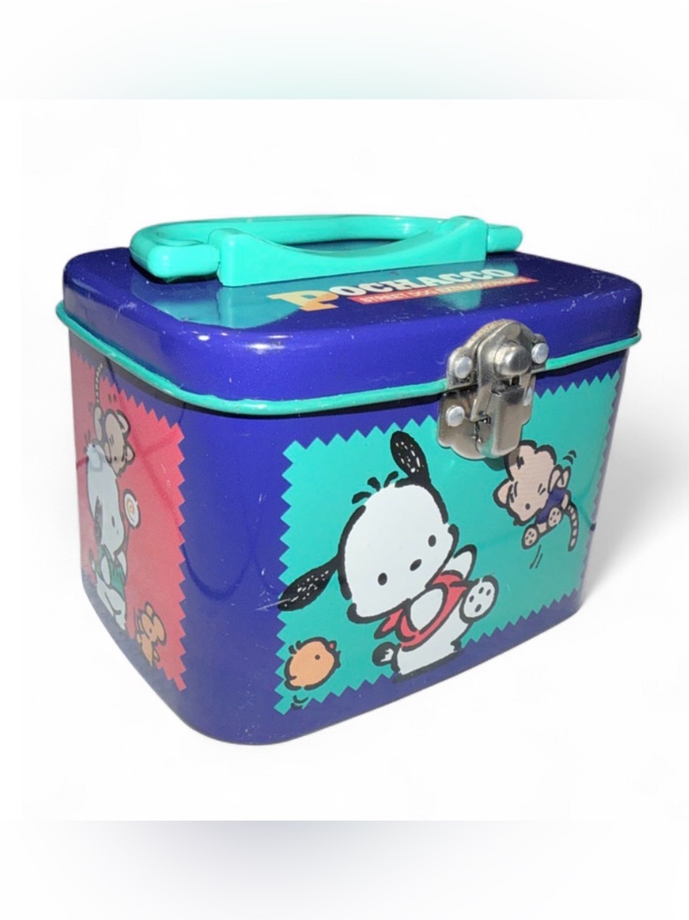 Vintage 1996 Sanrio Pochacco Metal Tin Box Storage Case with Handle Latch